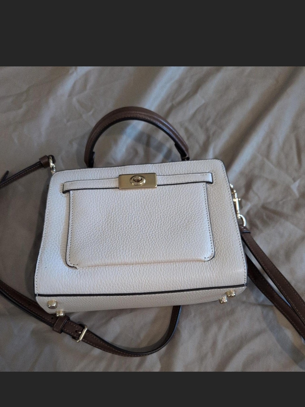 Coach Cream and Brown Pebbled Leather Top-Handle Satchel